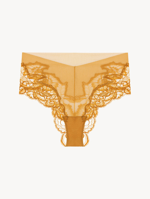 High-waisted briefs in yellow tulle and Leavers lace_1