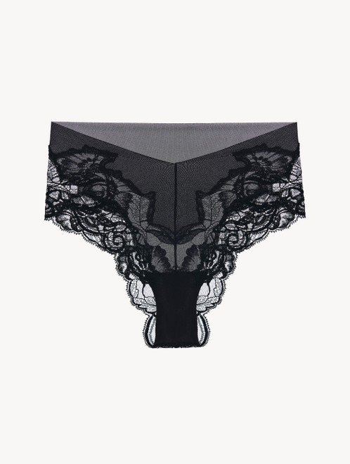 High-waisted briefs in black tulle and Leavers lace_3