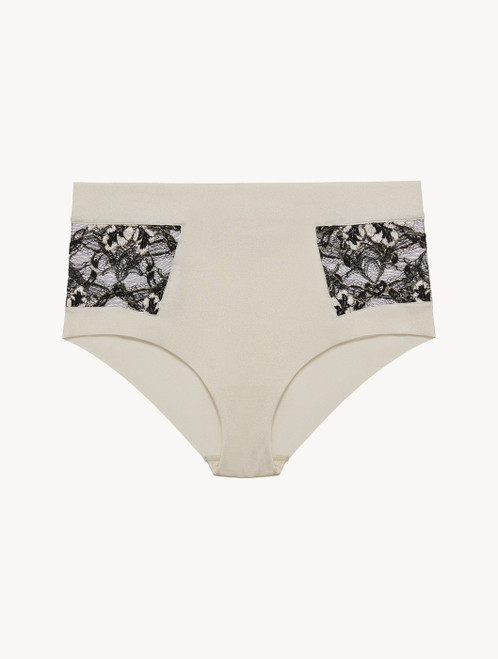 High-waisted brief in grey Lycra and black Leavers lace_0
