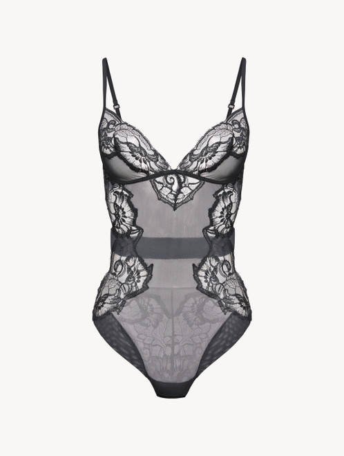 Bodysuit in grey tulle and Leavers lace_4