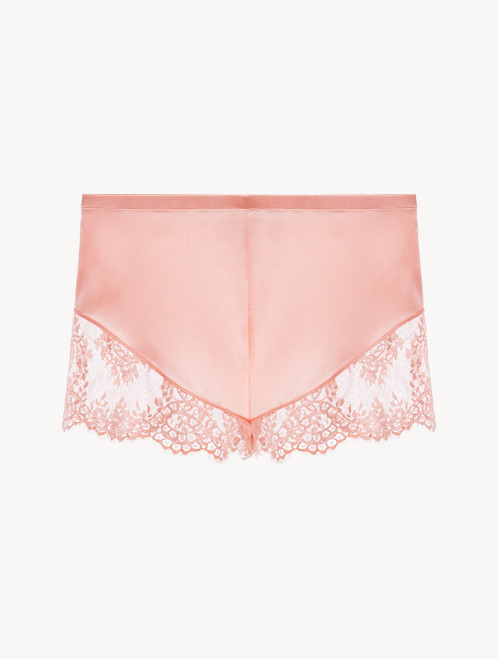 Pink silk pajama shorts with Leavers lace trim_1