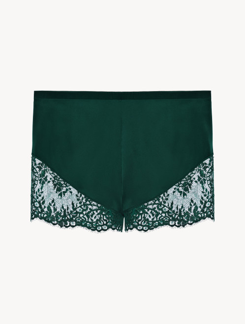 Green silk pajama shorts with Leavers lace trim_3