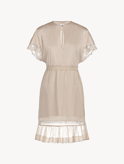 Soft beige short sleeved cotton and chiffon nightgown_3
