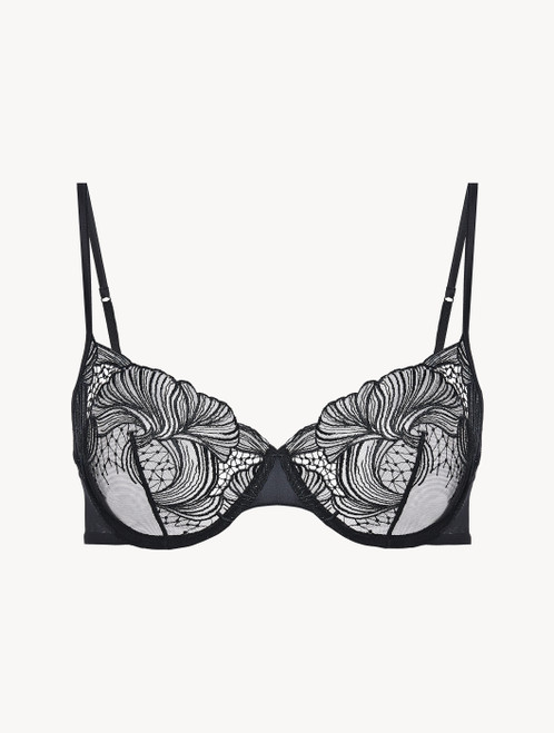 Black sheer strech-tulle underwired bra with floral embroidery_0