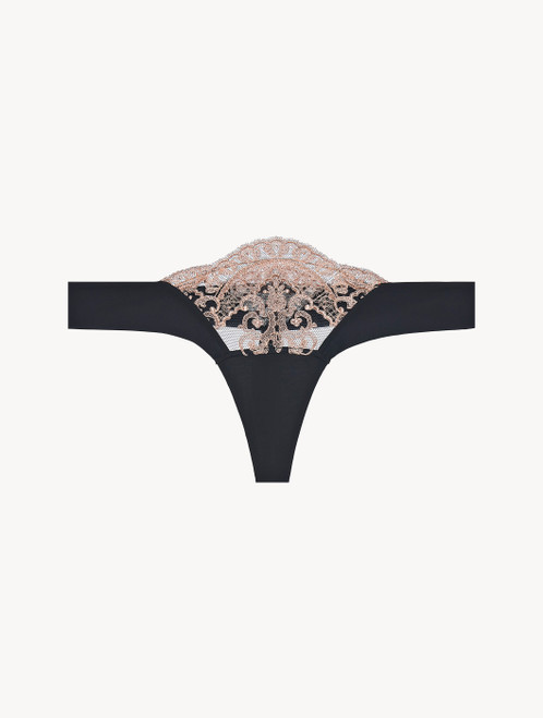 Dark grey and pink embroidered tulle thong_0