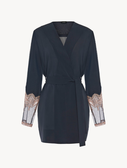 Dark grey and pink tulle and silk-georgette short robe_0