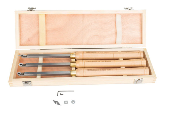VMTW Mini Three Piece Lath Tool carbide Tip set for wood turning on a small Lathe Roughing Finishing Detail Work