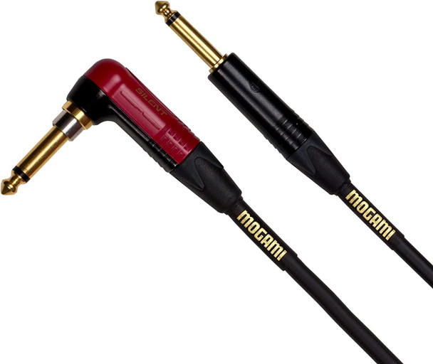 Mogami Gold INST Silent R-18 Guitar Instrument Cable, 1/4" TS Male Plugs, Gold Contacts, Right Angle silentPLUG to Straight Connectors, 18 Foot