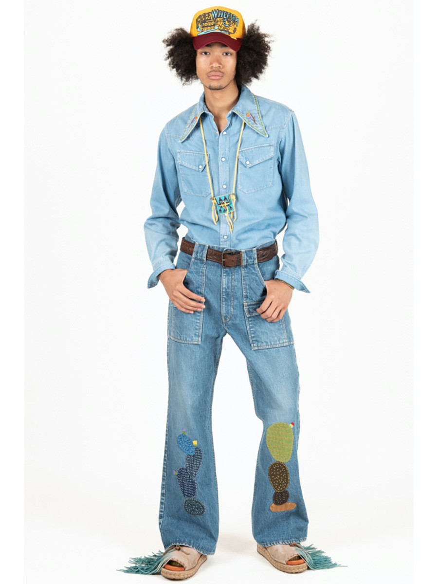 KAPITAL Pants 14Oz Denim Bush Flared Pants (Cactus Embroidery)