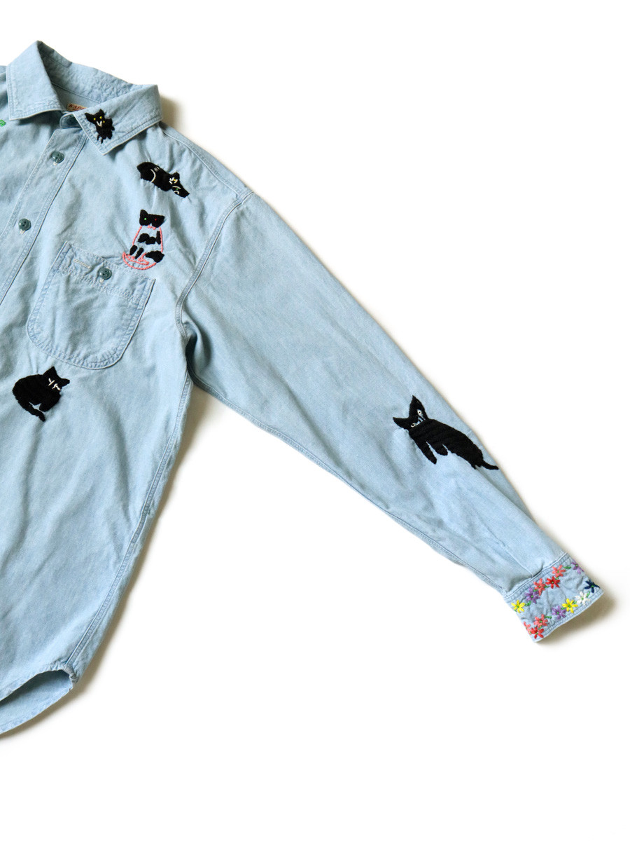 KAPITAL Shirt (Long Sleeve) Chambray Black Cat Embroidery