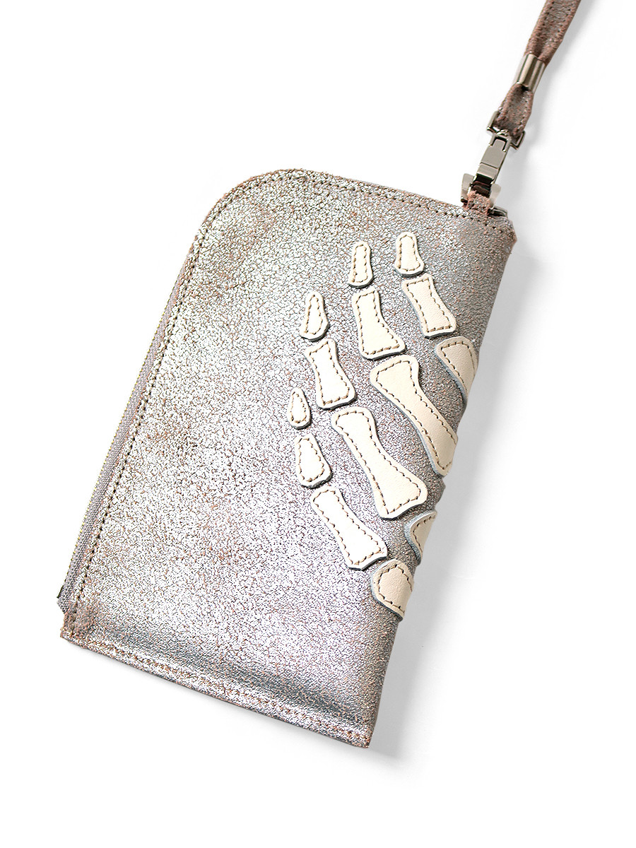 KAPITAL Bag CRACK LEATHER THUMBS UP BONE HAND ZIP NECK BAG