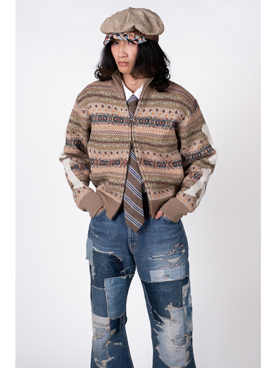 KAPITAL Knit Sweater 7G Wool Fair Isle BONE ZIP Short Cardigan