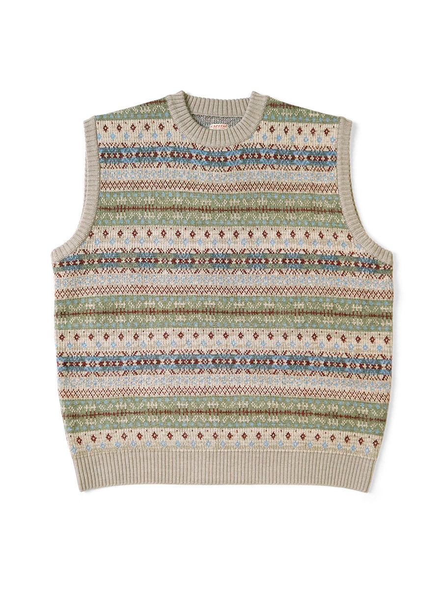 KAPITAL Knit Sweater 7G Wool Fair Isle BONE Vest