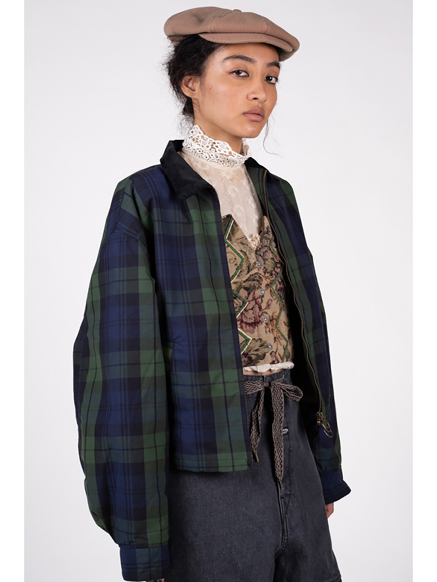 KAPITAL Jacket Cotton Black Watch Oil Coating Cropped Drizzler JKT