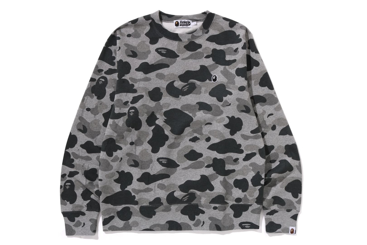 BAPE CUT AND SEWN HEATHER GRAY CAMO APE HEAD ONE POINT CREWNECK SWEAT