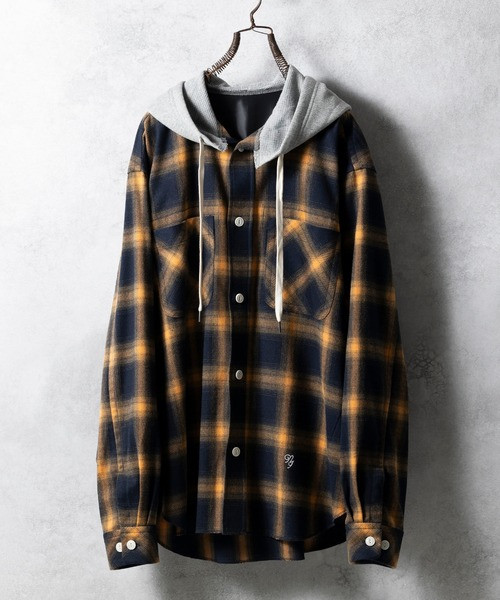 NUMBER (N)INE Tops OMBRE CHECK FLANNEL HOODIE SHIRT / Ombre check