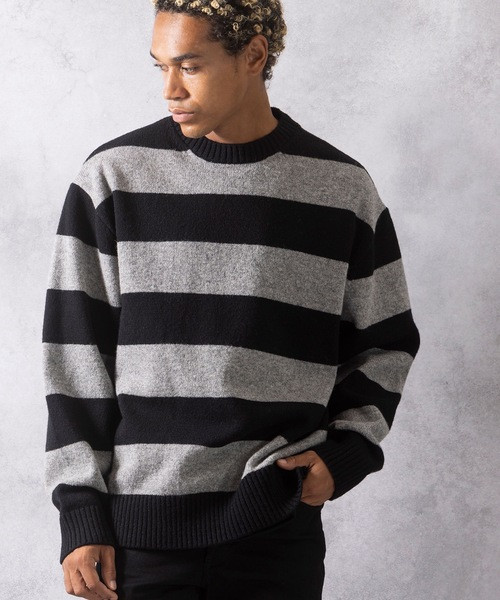 NUMBER (N)INE Tops SHETLAND WOOL WIDE STRIPED KNIT PULLOVER NUMBER (N)INE Tops SHETLAND WOOL WIDE STRIPED KNIT PULLOVER