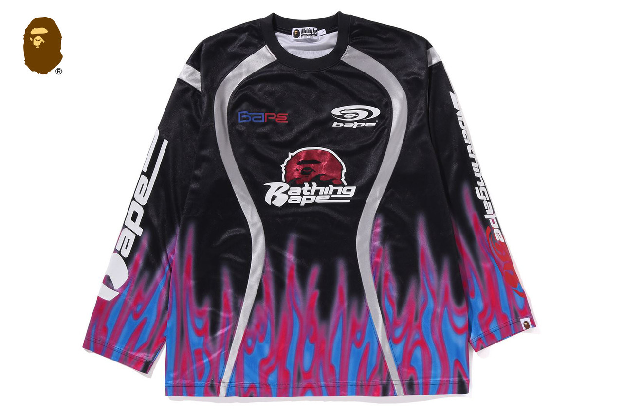 BAPE CUT AND SEWN FLAME PATTERN MULTILOGO RELAXED FIT FOOTBALL JERSEY