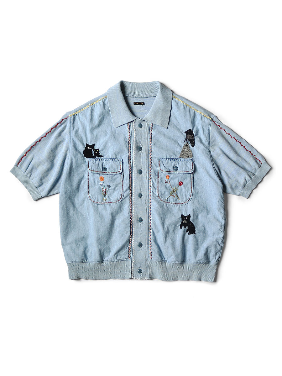 KAPITAL Knit Sweater Knit x Chambray Polo Shirt (Crow And Cat