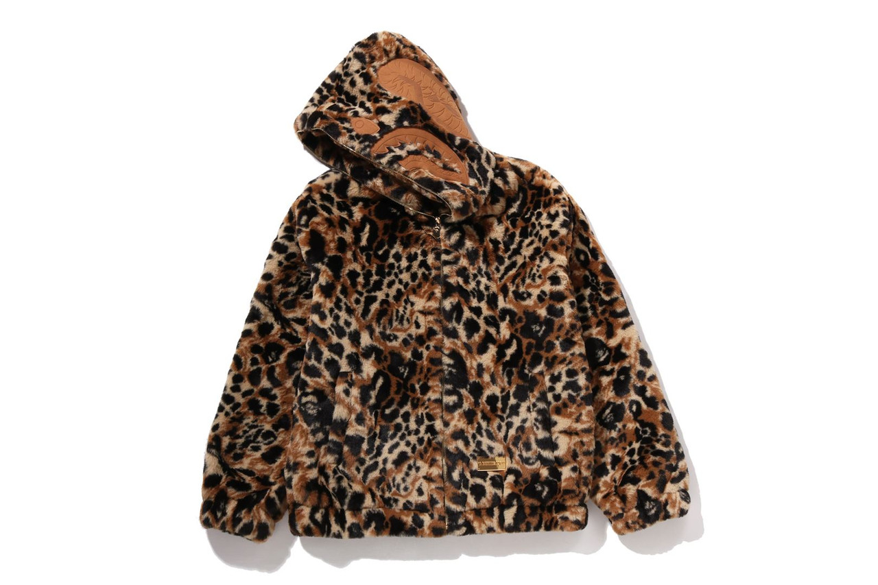 BAPE OUTERWEAR WILD LEOPARD PATTERN FAUX FUR SHARK FULL ZIP JACKET
