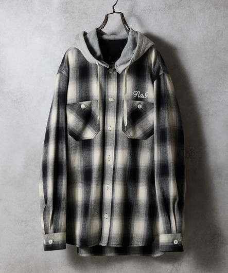 Picture No.1 of NUMBER (N)INE COTTON OMBRE PLAID FLANNEL HOODIE SHIRT / Cotton ombre Check Logo Embroidered hoodie shirt F25NS004