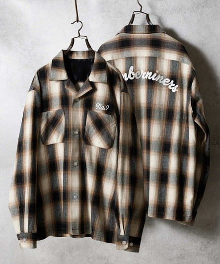 Picture No.1 of NUMBER (N)INE COTTON OMBRE PLAID FLANNEL EMBROIDERY BACK LOGO OPEN COLLAR SHIRT / Cotton ombre Check Embroidered back logo open collar shirt F25NS005
