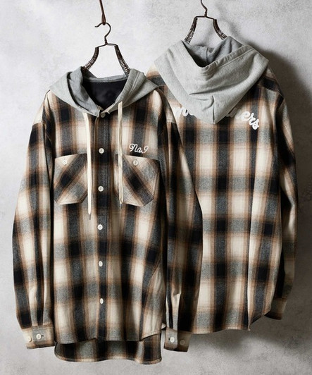 Picture No.1 of NUMBER (N)INE COTTON OMBRE PLAID FLANNEL EMBROIDERY BACK LOGO HOODIE SHIRT / Cotton ombre Check Embroidered back logo hoodie shirt F25NS003
