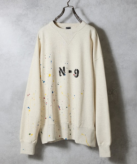 Picture No.1 of NUMBER (N)INE HAND PAINTED VINTAGE GAZETTE CREWNECK SWEATSHIRT (OATMEAL) / Hand painted vintage Gusset Crew Neck sweatshirt F25NC002P