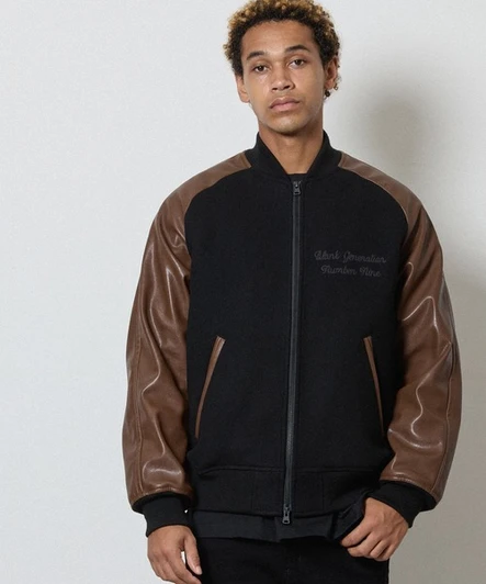 Picture No.1 of NUMBER (N)INE RAGLAN SLEEVE ZIPPER STADIUM JACKET / Raglan Sleeve, Single Point Embroidery, Quilted Lining, Padded Varsity jacket F26NJ003B