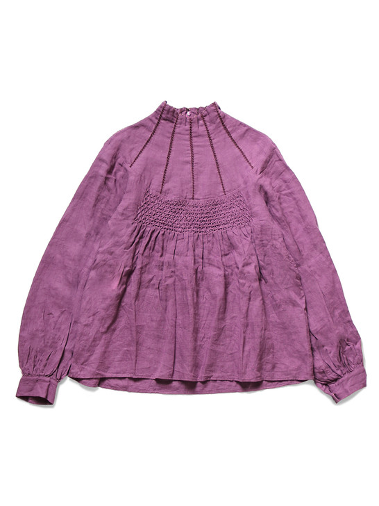 Linen Smocking High Neck Opera Blouse EK963