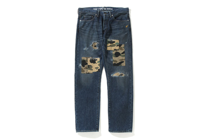 BAPE PANTS 1999 TYPE-02 1ST CAMO PATCH DAMAGED DENIM PANTS