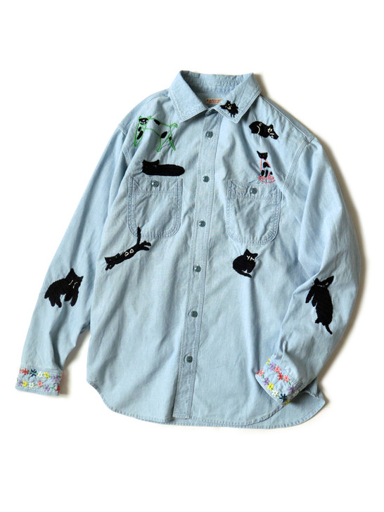 Picture No.1 of KAPITAL Chambray Black Cat Embroidery Work Shirt K1610LS226