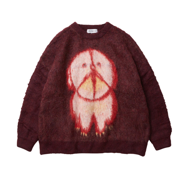Picture No.1 of Evisen Skateboards EVISEN / BIAS DOGS Love? MOHAIR CREW KNIT - BURGUNDY 8887093002554