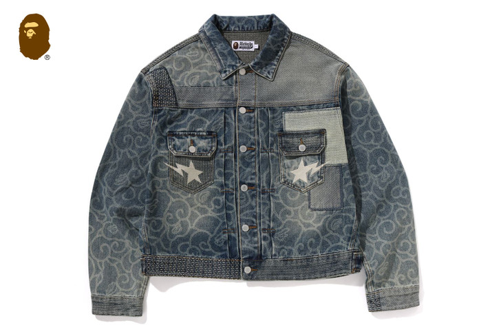CLOUD CAMO JACQUARD UPCYCLED DENIM TRUCKER JACKET 1L80-140-317