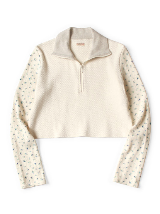Waffle Jersey Small Flower pt 2TONE Half Zip Crop Long Tee K2509LC054
