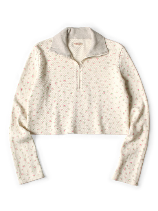 Waffle Jersey Small Flower Print Half Zip Crop Long Tee K2509LC055