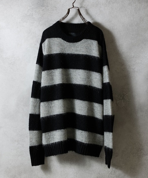 MOHAIR WIDE STRIPED KNIT SWEATER / Mohair wide striped Crew Neck knit sweater F25NK001
