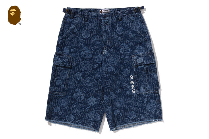 JAPANESE INDIGO ART CAMO JUNGLE DENIM RELAXED FIT CARGO SHORTS 1M30-151-305