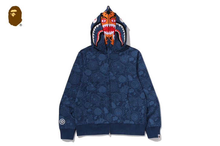 BAPE SWEAT / HOODIE JAPANESE INDIGO ART CAMO DOUBLE TIGER SHARK