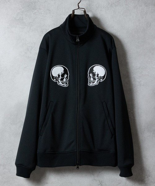 2P SKULL WAPPEN JERSEY STAND TRACK JACKET / Skull Motif Patch Embroidery jersey Stand-neck track jacket S26NC001