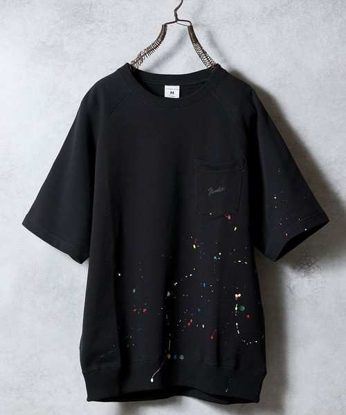 HAND PAINTED FIRM COTTON RAGLAN SHORT SLEEVE POCKET SWEATSHIRT / Hand-painted firm cotton raglan Short-sleeve pocket Crew Neck sweatshirt S25GNC006P