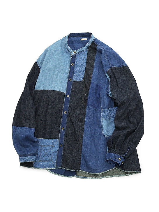 Cotton x Linen IDG Patchwork Band Collar Kathmandu Shirt EK-1478LSAEK-1478LSB