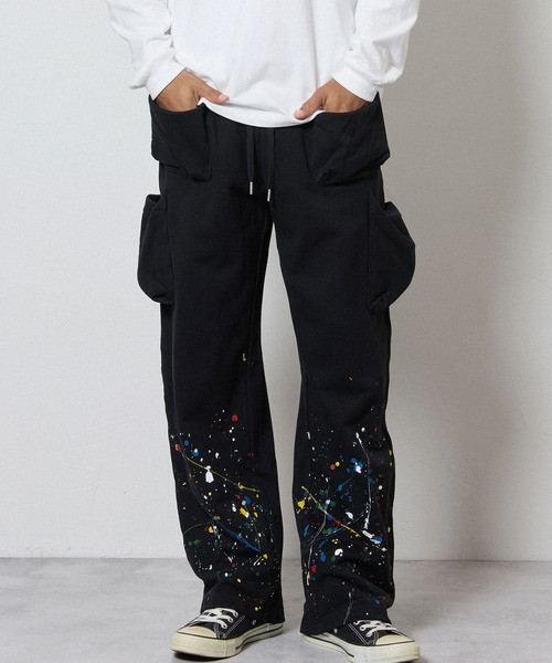 HAND PAINTED FIRM COTTON LIGHT SHORT PILE 6 POCKET EASY SWEAT PANTS / Hand-painted firm cotton light short pile Box-type 6-Pocket easy Sweatpants F26GNC009P