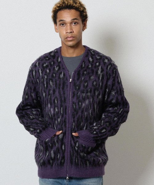 MOHAIR MIX KNIT LEOPARD JACQUARD ZIP-UP CARDIGAN / Wool Mohair Mix Knit Leopard Jacquard Zip-Up Cardigan F26NK002