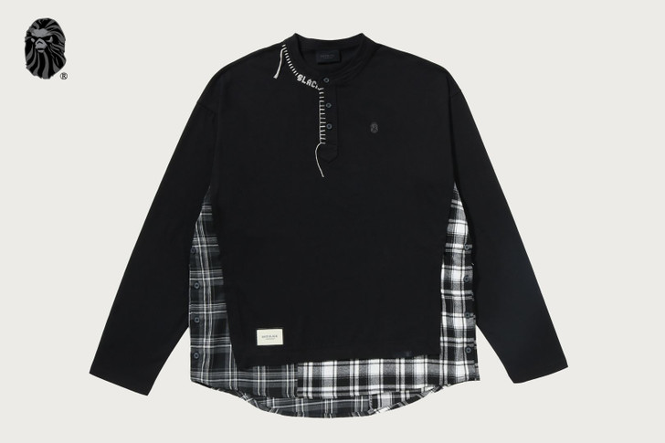 BAPE BLACK LAYERED CHECK HENLEY POCKET LS TEE 1M70-111-301