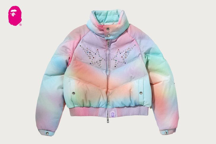 TIE DYE RHINESTONE BAPE STA LEATHER CROPPED DOWN JACKET 1M80-244-306