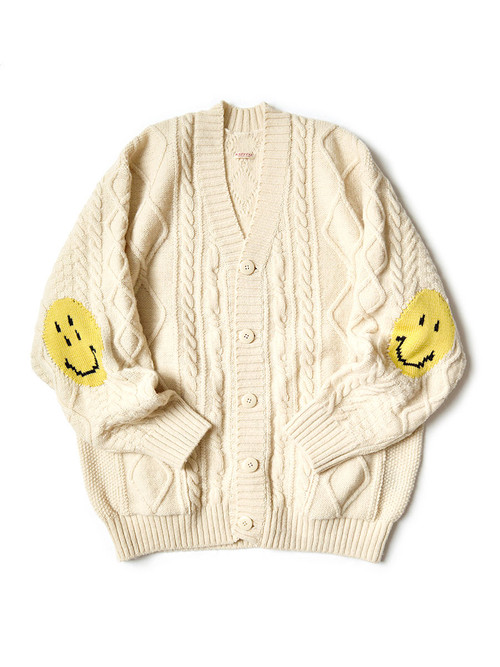 KAPITAL Knit Sweater 5G Wool Cable Knit HAPPY Patch Cardigan