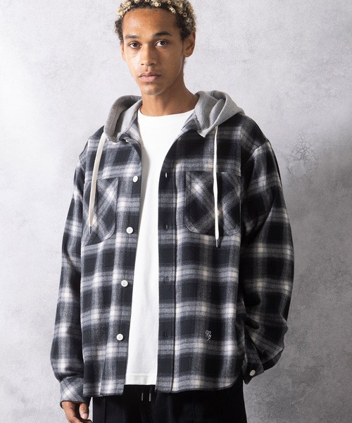 NUMBER (N)INE Tops OMBRE CHECK FLANNEL HOODIE SHIRT / Ombre check