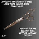 Shear Fanatic™️ Scissor Shear Fanatic™ Master Series Rosy Boa Hair Scissors – VG-10 Damascus Pattern 6.0", professional hair cutting scissors with a curved handle and Damascus pattern design suitable for dry, slide, and wet cutting.