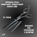 Shear Fanatic™️ Scissor 35-Tooth Hair Texturizers, Japanese steel, hand-made forged blade with convex edge for blending and texturizing, 6-inch size.